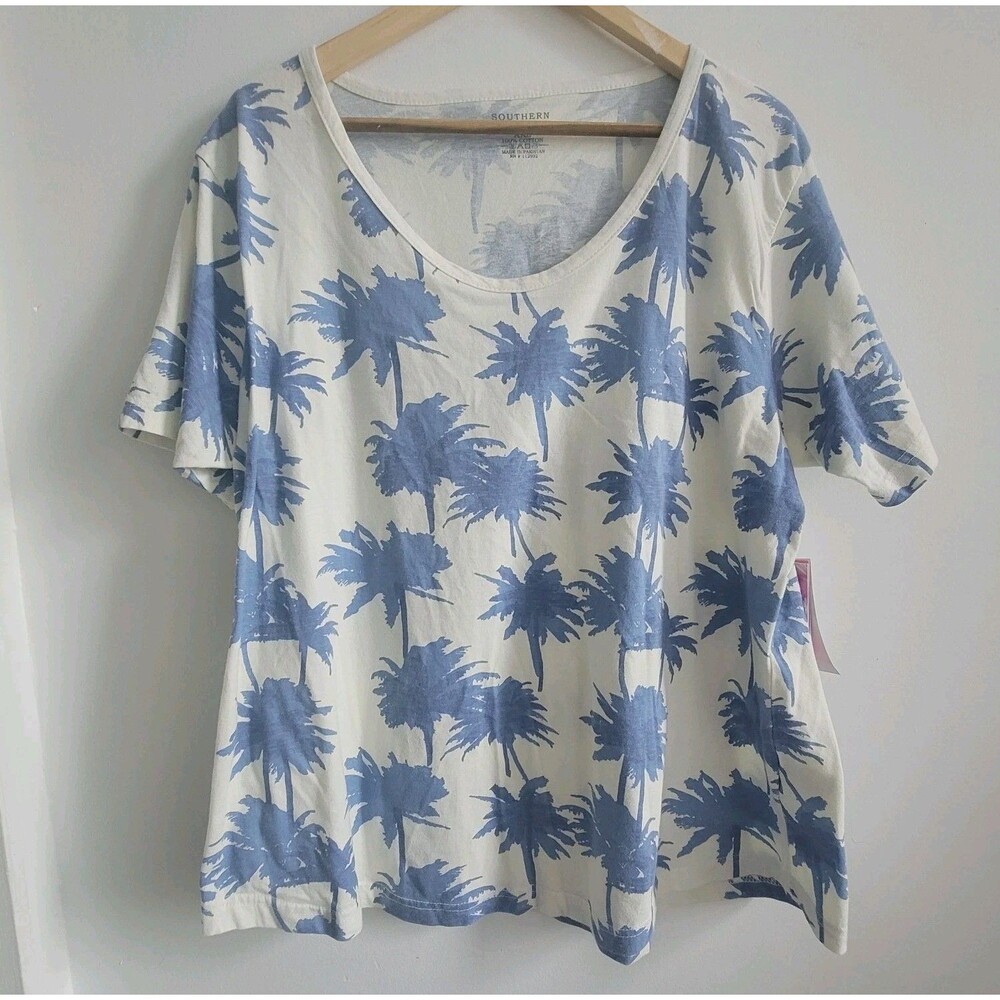 Southern Spirt Womens Tee Shirt Vista Blue Palm Tropical Short Sleeve Size XXL